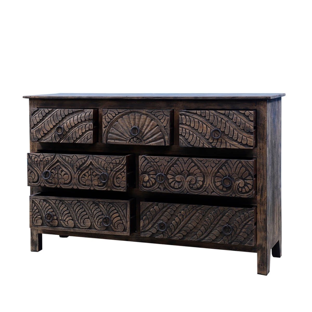 Mughal Garden Indian Hand Carved Reclaimed Wood 7 Drawer Rustic Dresser - HF Commercial Furniture