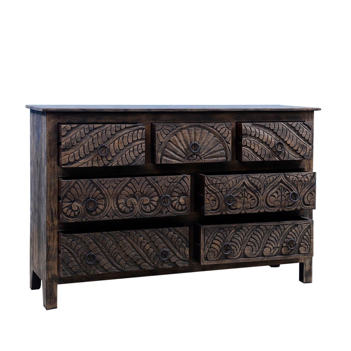 Mughal Garden Indian Hand Carved Reclaimed Wood 7 Drawer Rustic Dresser - HF Commercial Furniture