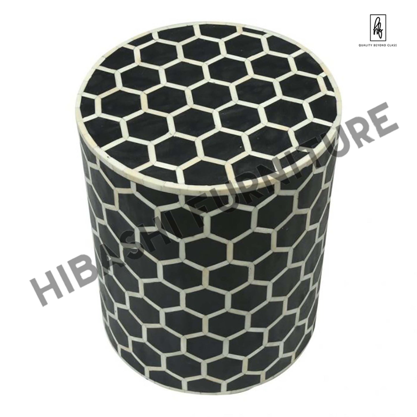 BONE INLAY ROUND DRUM SIDE TABLE HONYCOMB - LARGE