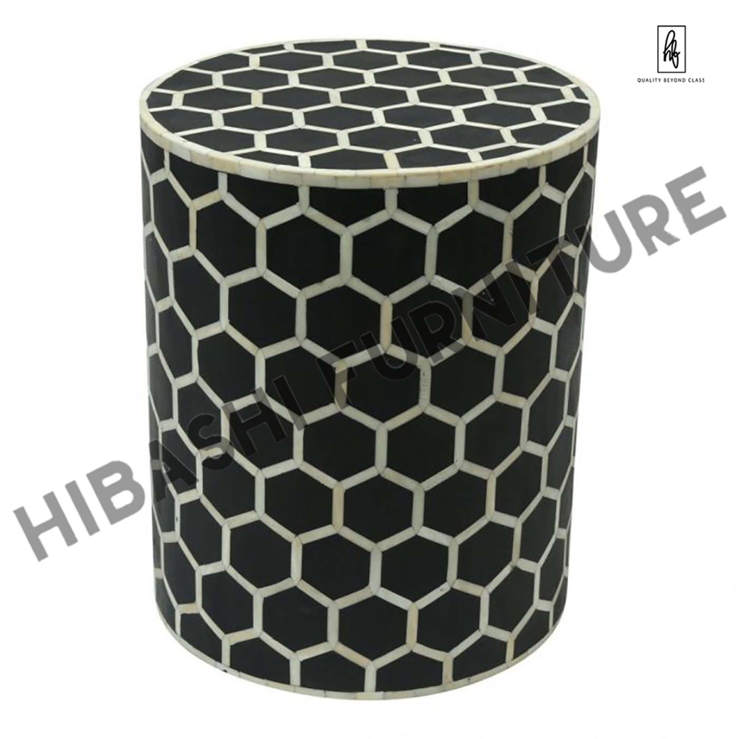 BONE INLAY ROUND DRUM SIDE TABLE HONYCOMB - LARGE
