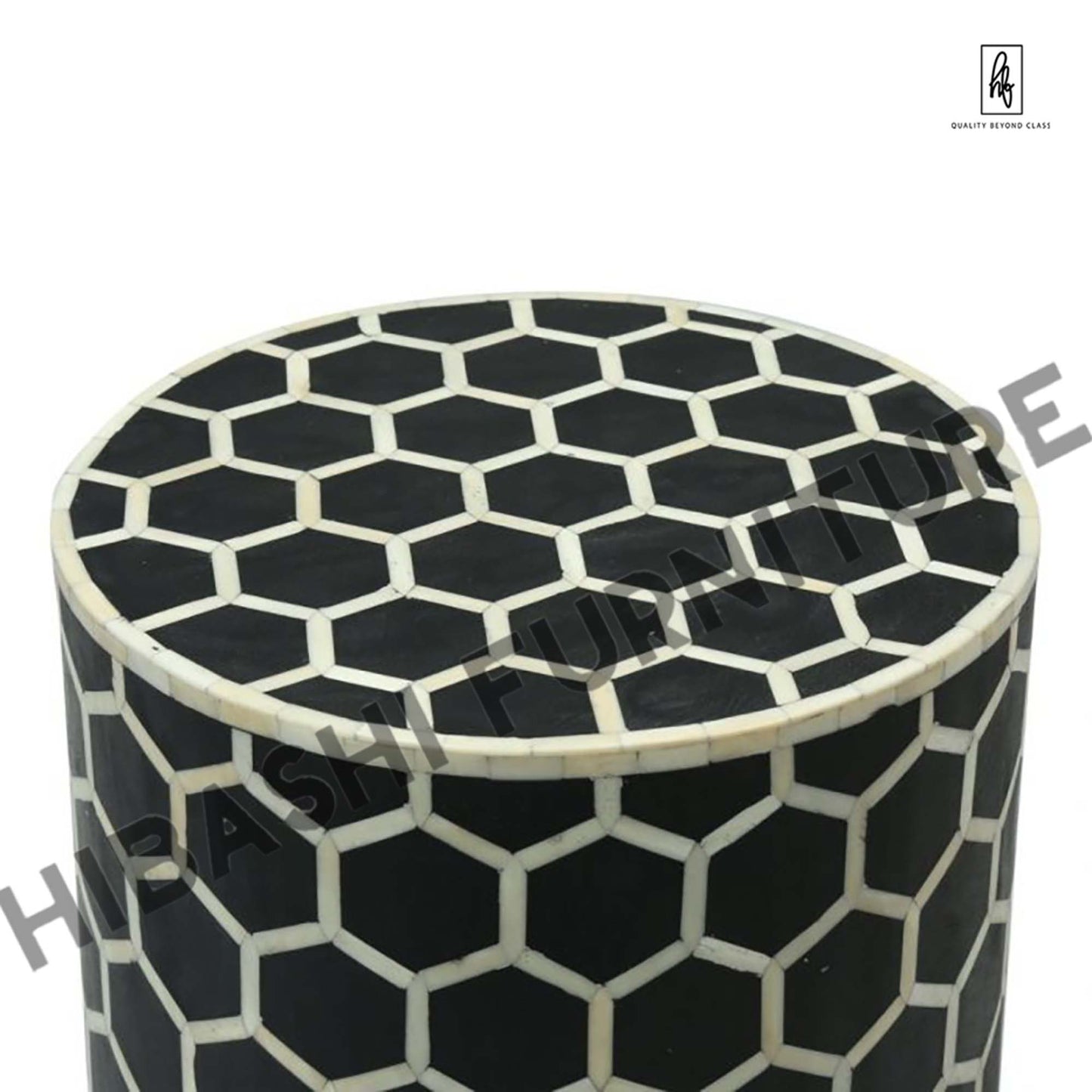 BONE INLAY ROUND DRUM SIDE TABLE HONYCOMB - LARGE
