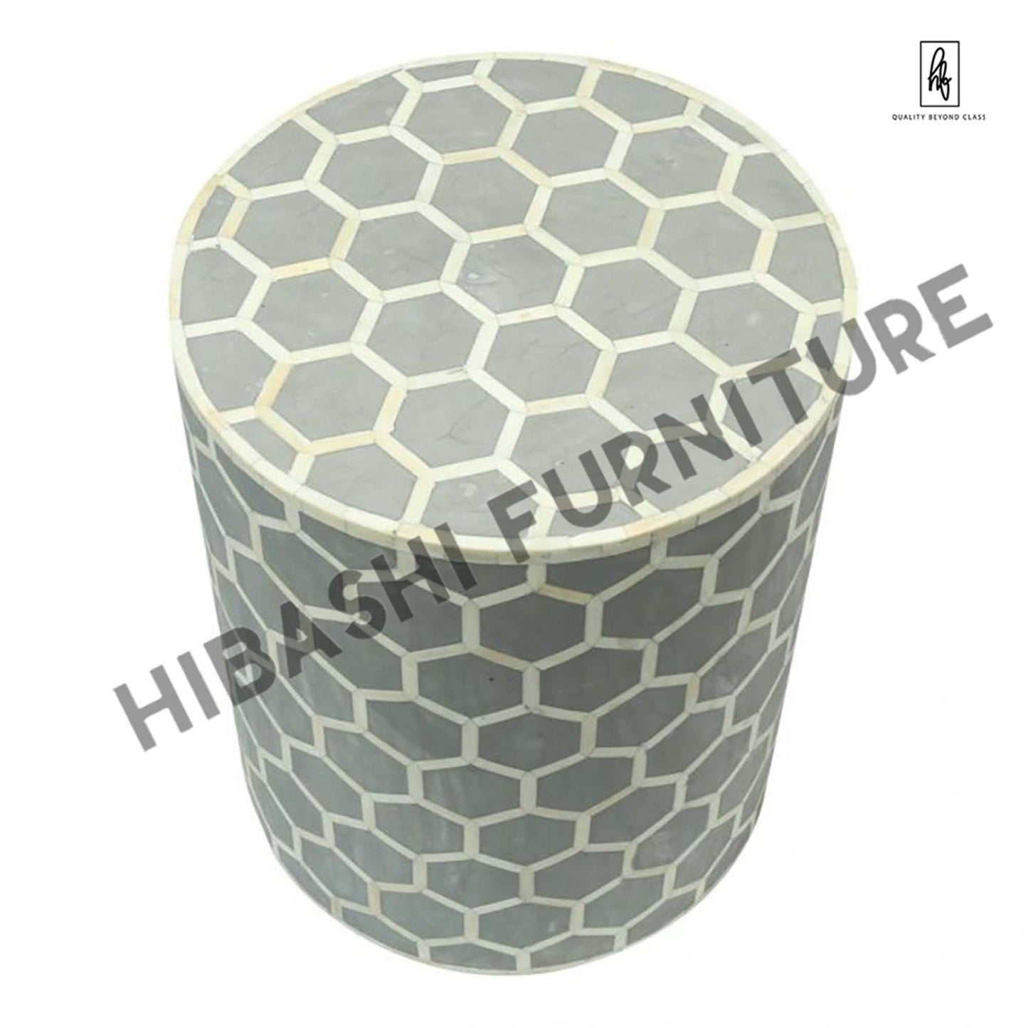 BONE INLAY ROUND DRUM SIDE TABLE HONYCOMB - LARGE