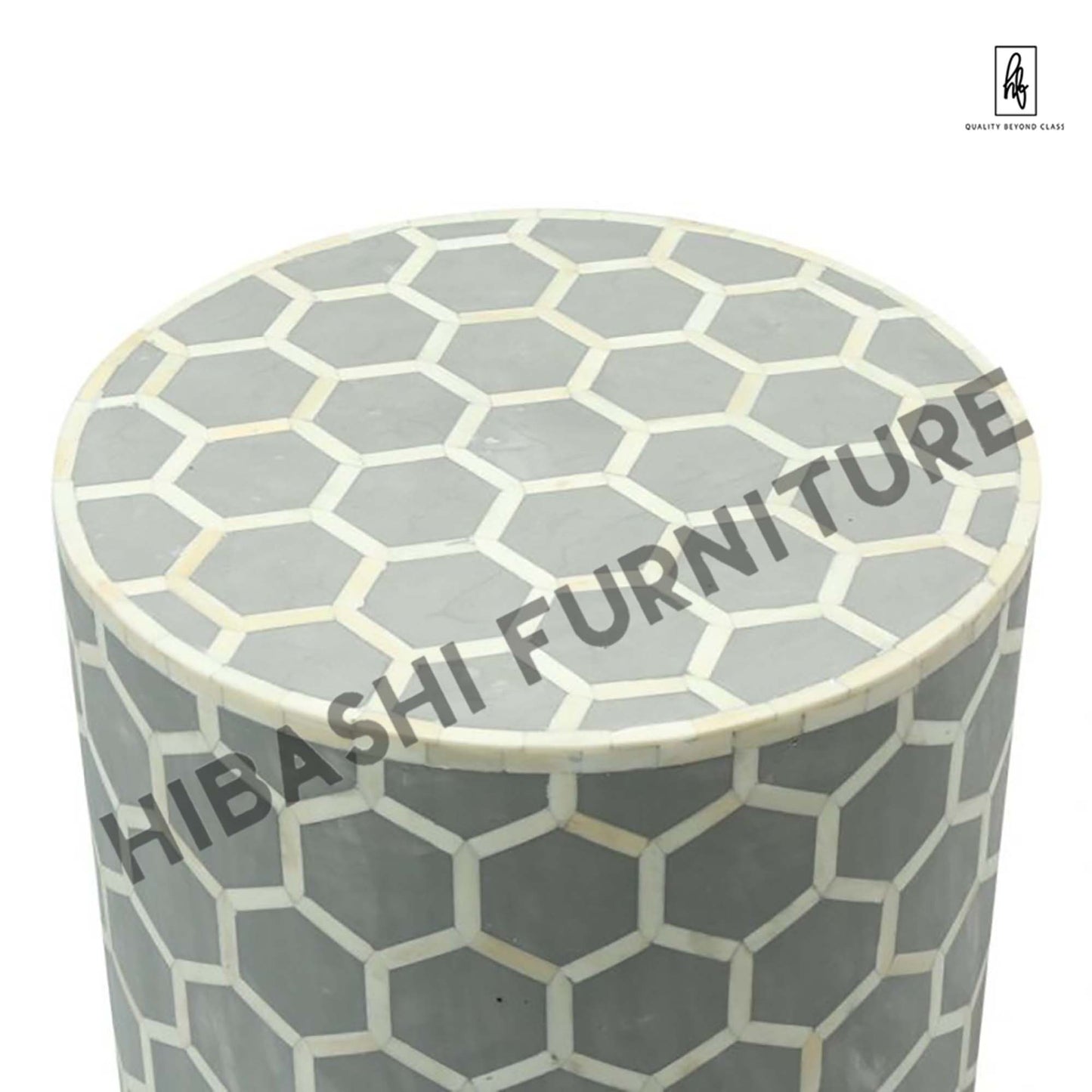 BONE INLAY ROUND DRUM SIDE TABLE HONYCOMB - LARGE