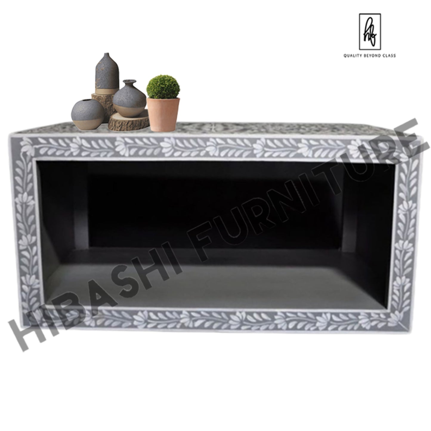Pandora Bone inlay Gray Floral Coffee Table – handcrafted solid wood furniture