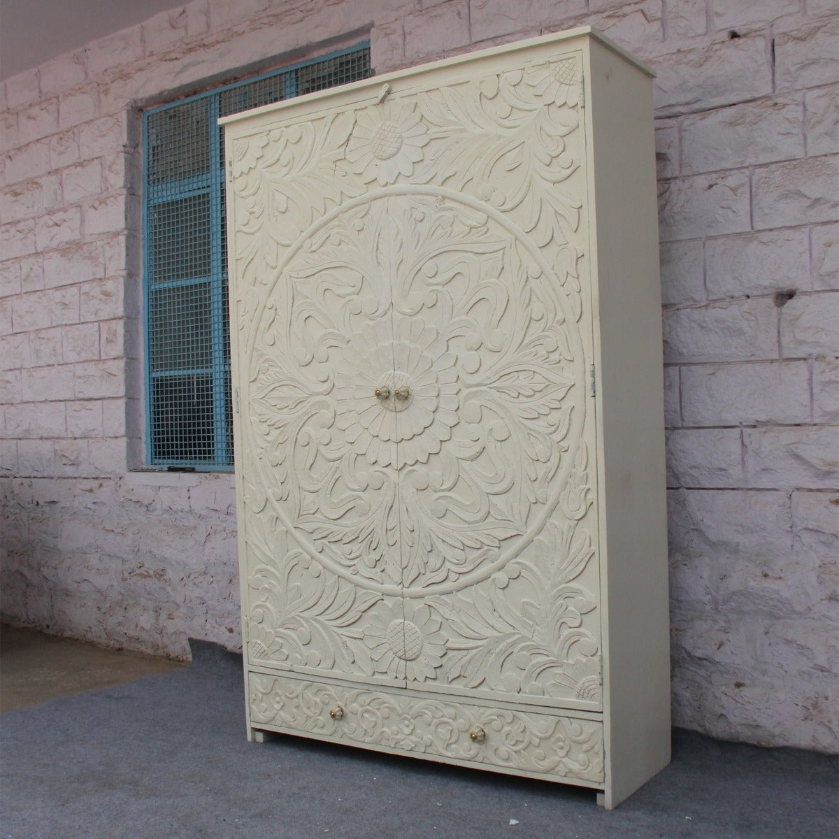 Indian Hand Carved Floral Design Solid Wooden Wardrobe/ Armoire