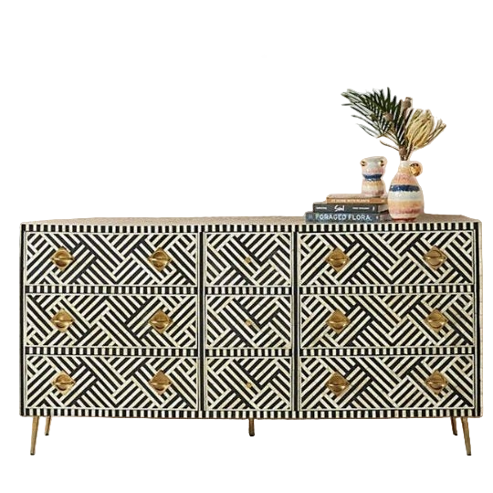Bone Inlay Handmade Dresser of Drawer Black and white color with 9 drawers