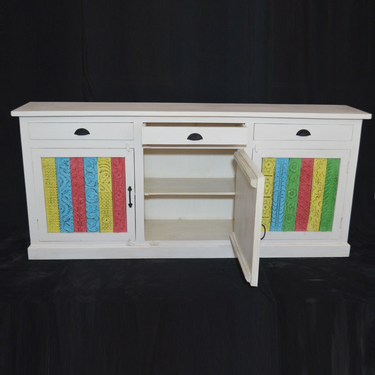 RAINBOW CARVED 3 DOOR WOODEN SIDEBOARD-White-180-40-90