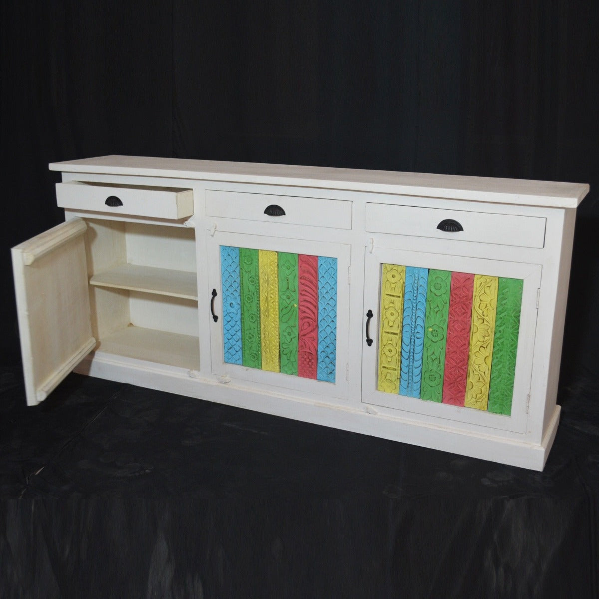 RAINBOW CARVED 3 DOOR WOODEN SIDEBOARD-White-180-40-90