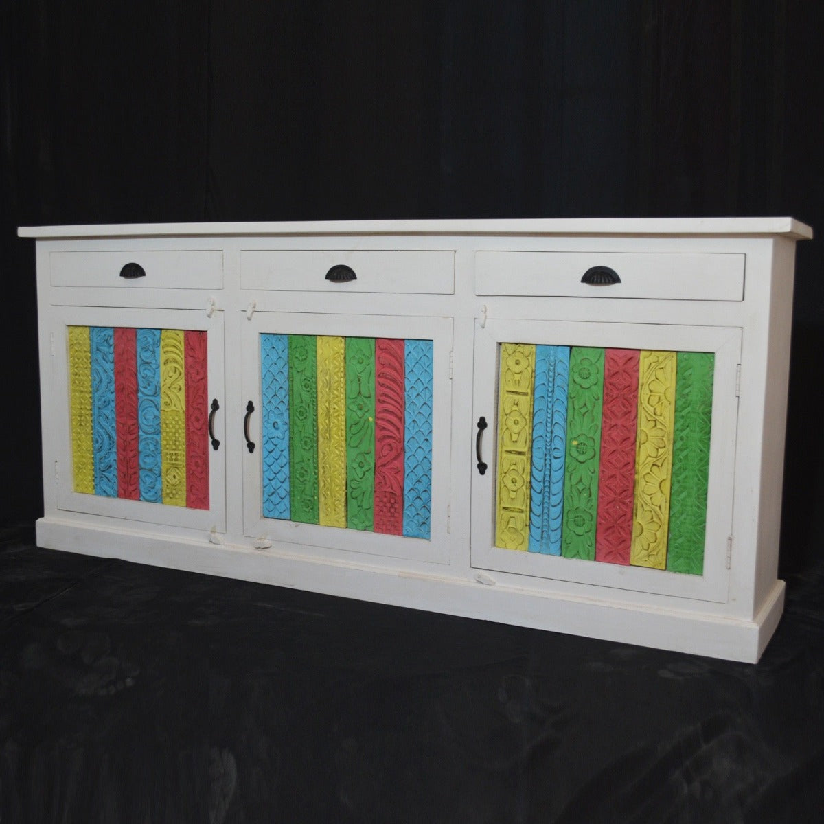 RAINBOW CARVED 3 DOOR WOODEN SIDEBOARD-White-180-40-90