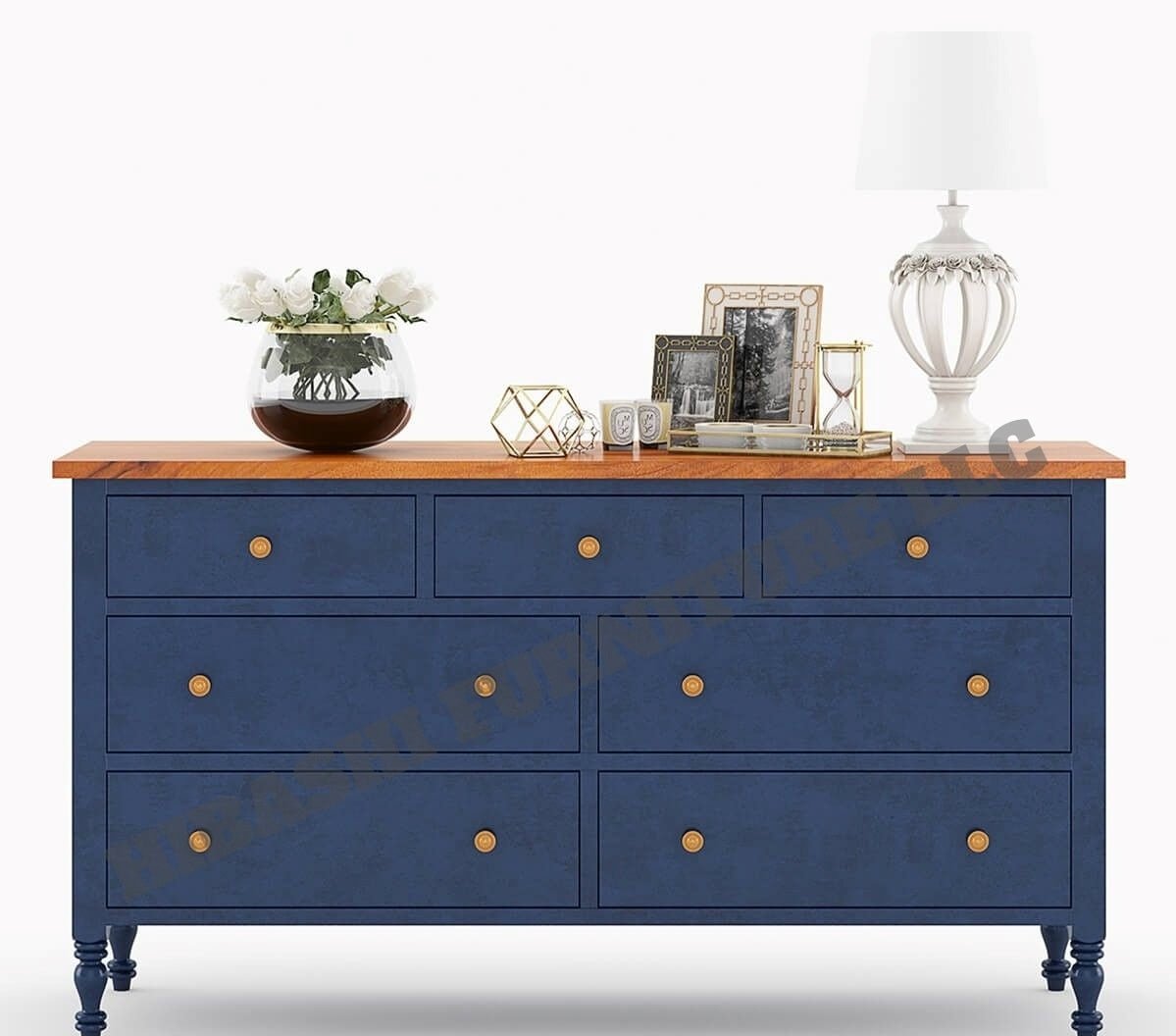 RECTO Blue Two Tone Solid Wood 7 Drawer Bedroom Dresser – handcrafted solid wood furniture
