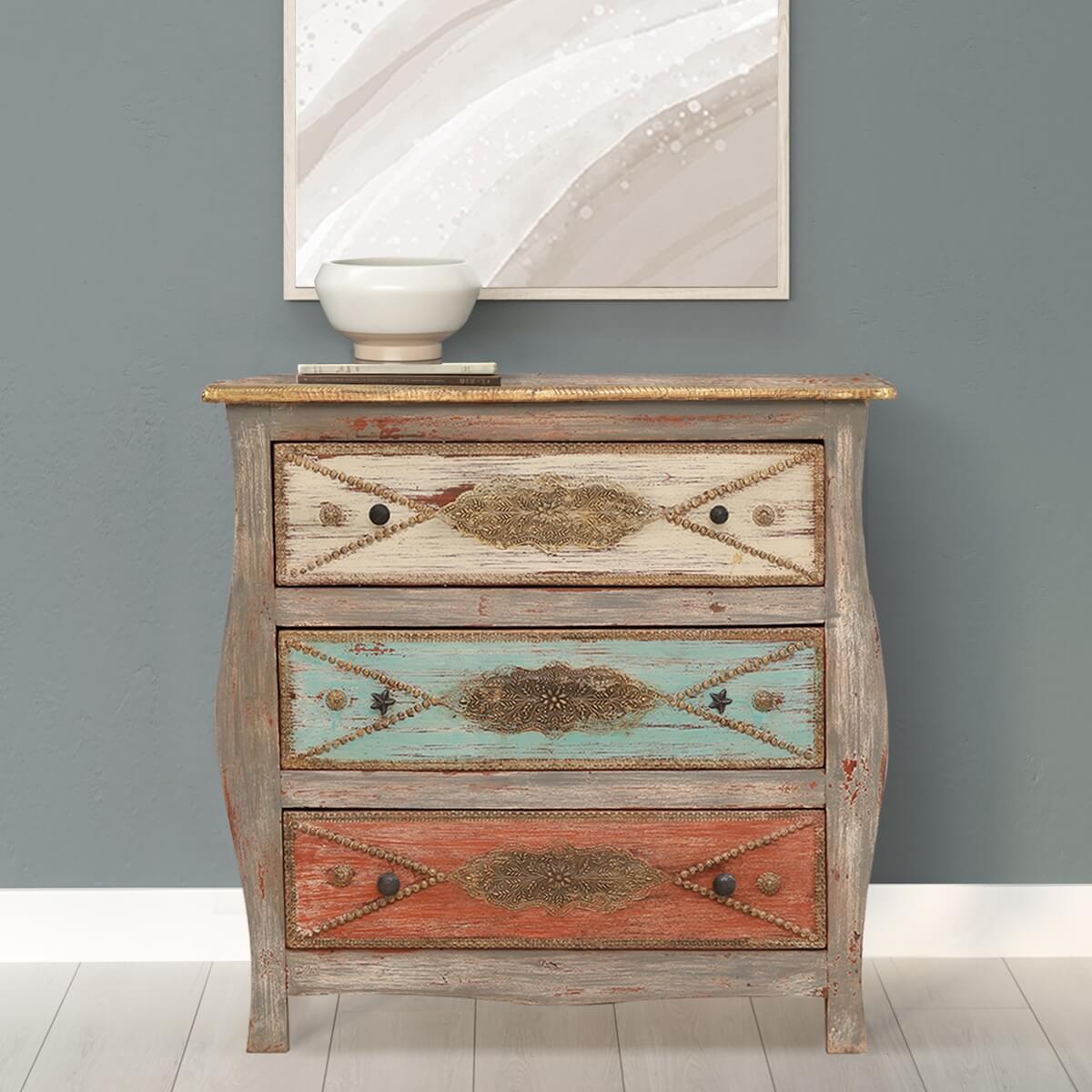 Retro Solid Wood Curved Dresser with 3 Drawers