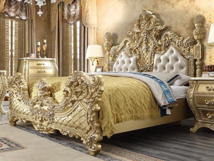Reyna Metallic Antique Gold & Faux Leather King/Queen Traditional Bed – handcrafted solid wood furniture