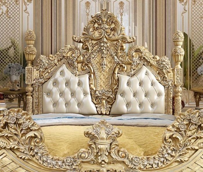 Reyna Metallic Antique Gold & Faux Leather King/Queen Traditional Bed – handcrafted solid wood furniture
