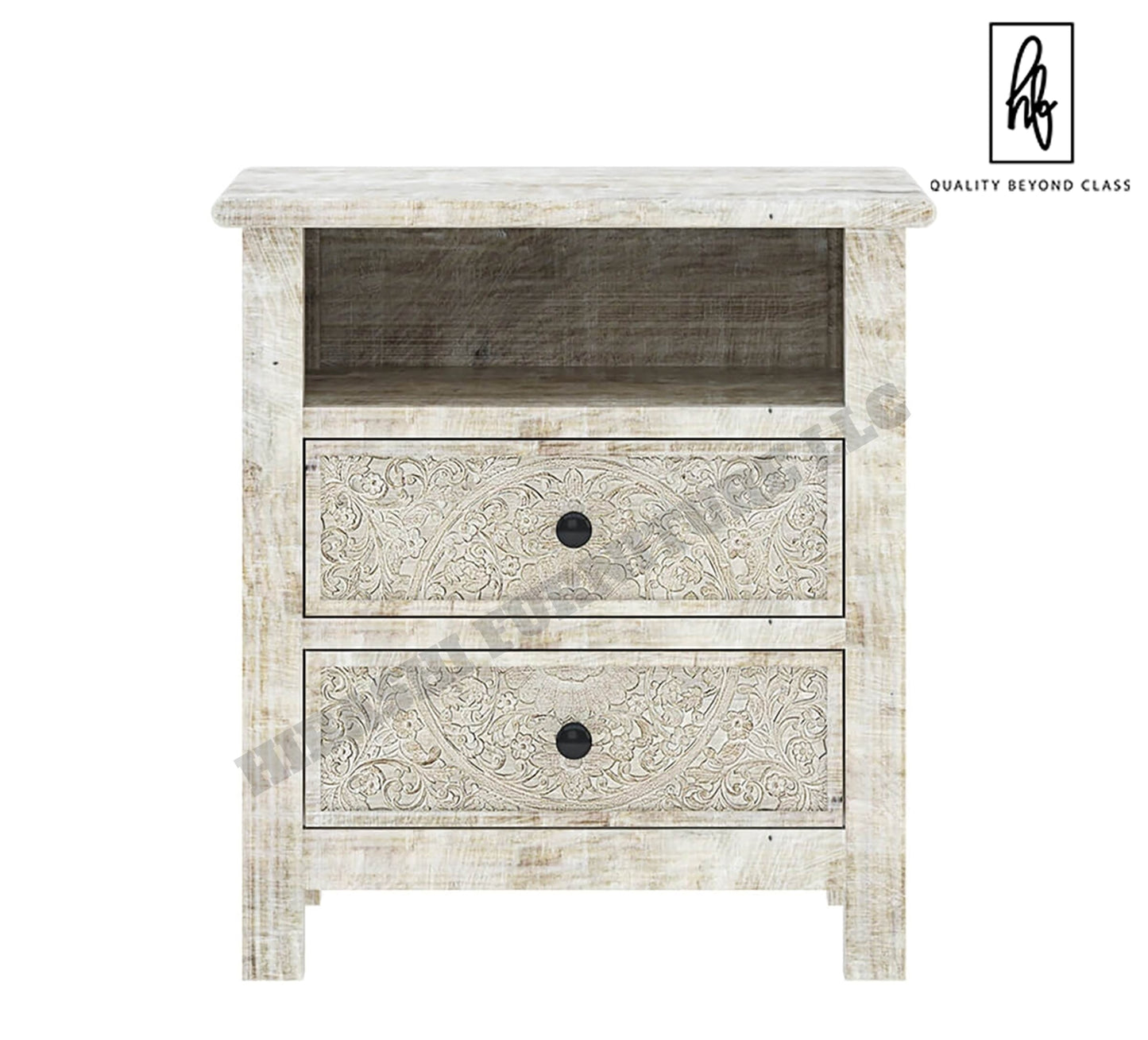Sunflower Hand carved Solid Wood White Nightstand With Drawer