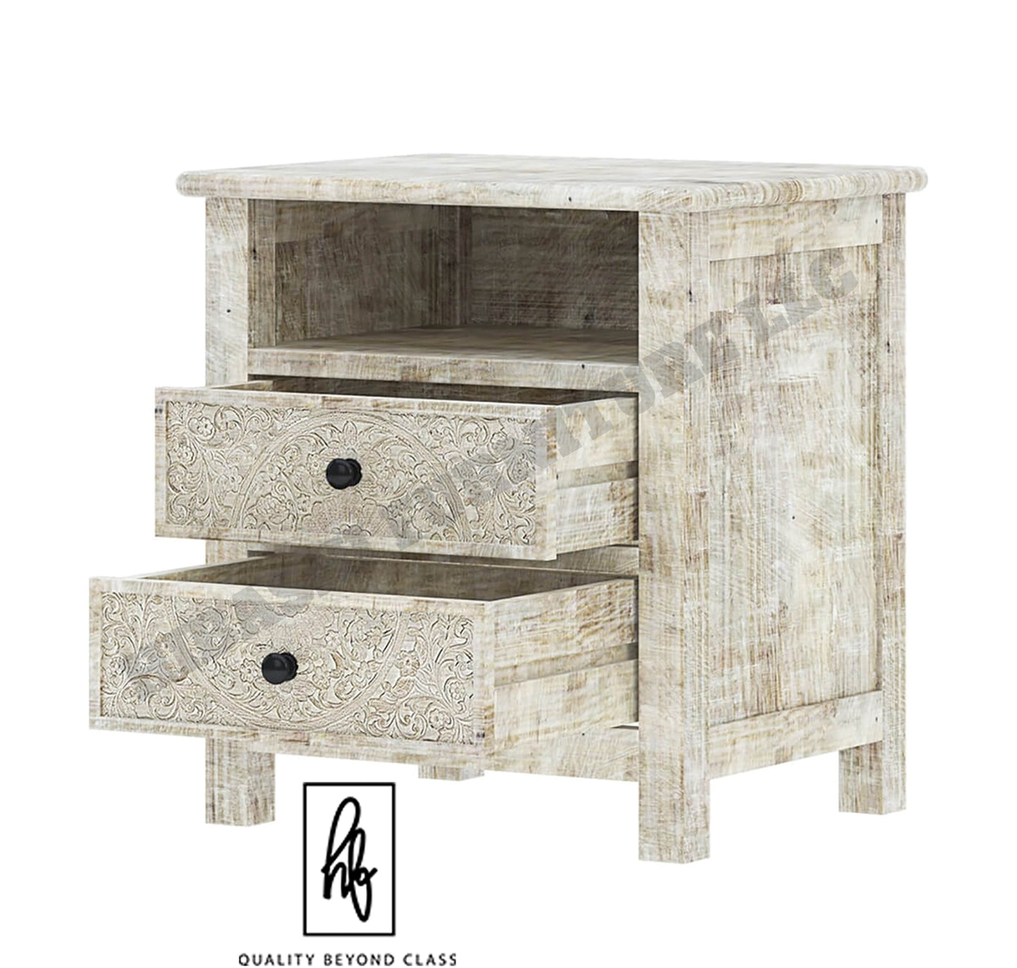 Sunflower Hand carved Solid Wood White Nightstand With Drawer