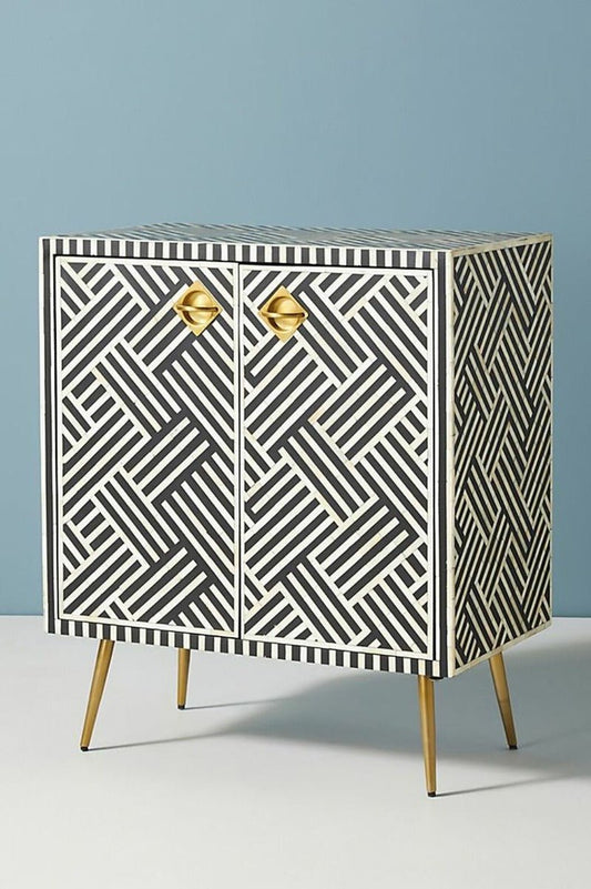 Zallaq Optical Bone Inlay Cabinet in Black – handcrafted solid wood furniture