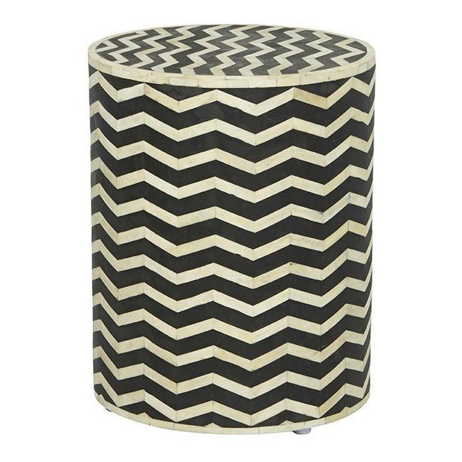 Zigzag Bone Inlay Round Drum Side and End Table - Size L by Hibashi Furniture – handcrafted solid wood furniture made in India