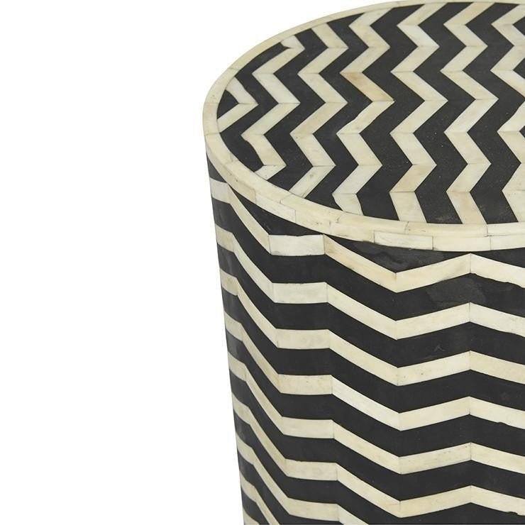 Zigzag Bone Inlay Round Drum Side and End Table - Size L by Hibashi Furniture – handcrafted solid wood furniture made in India