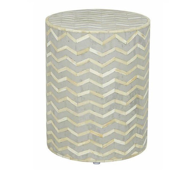 Zigzag Bone Inlay Round Drum Side and End Table - Size L by Hibashi Furniture – handcrafted solid wood furniture made in India