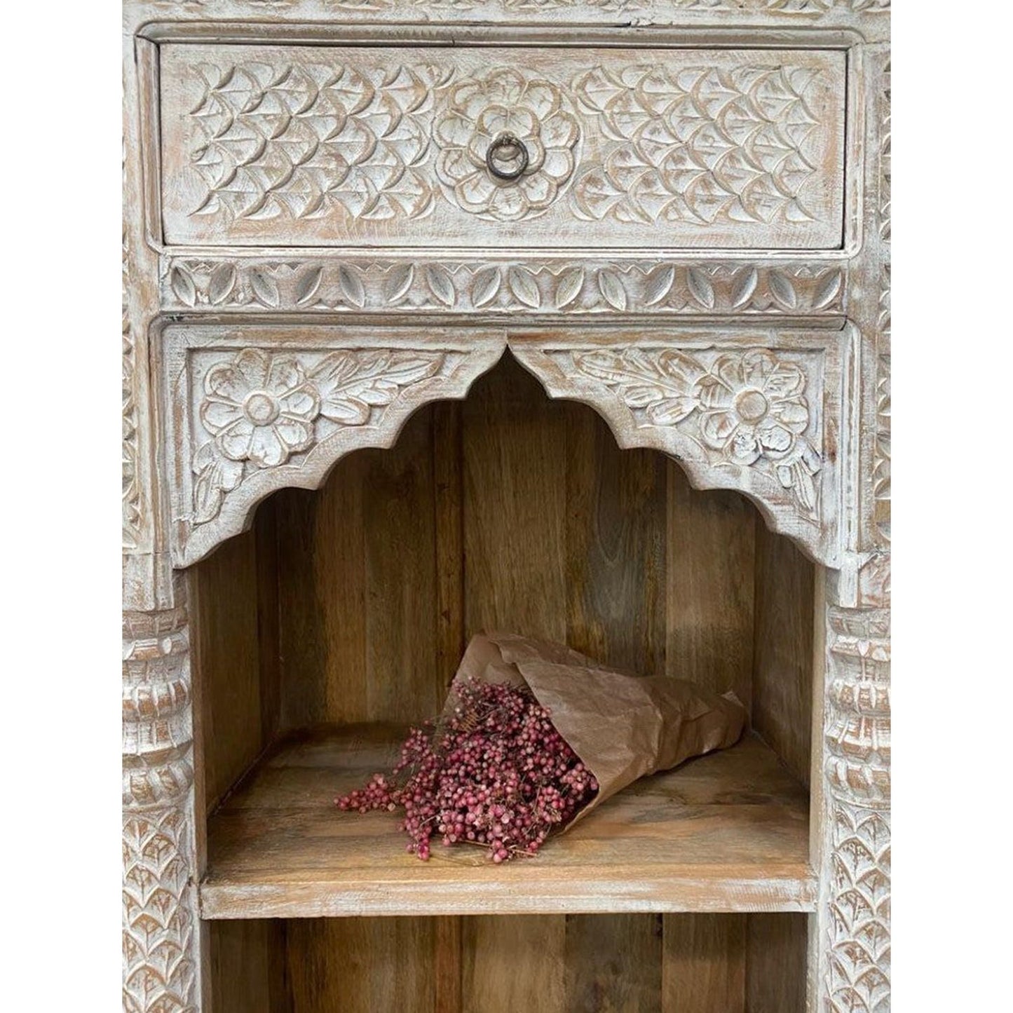 ZORIE Hand Carved Mango Wood Bookshelf by Hibashi Furniture – handcrafted solid wood furniture made in India