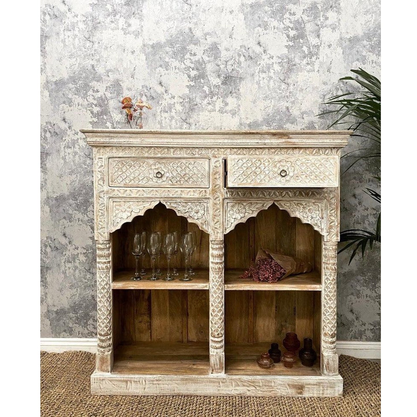 ZORIE Hand Carved Mango Wood Bookshelf by Hibashi Furniture – handcrafted solid wood furniture made in India
