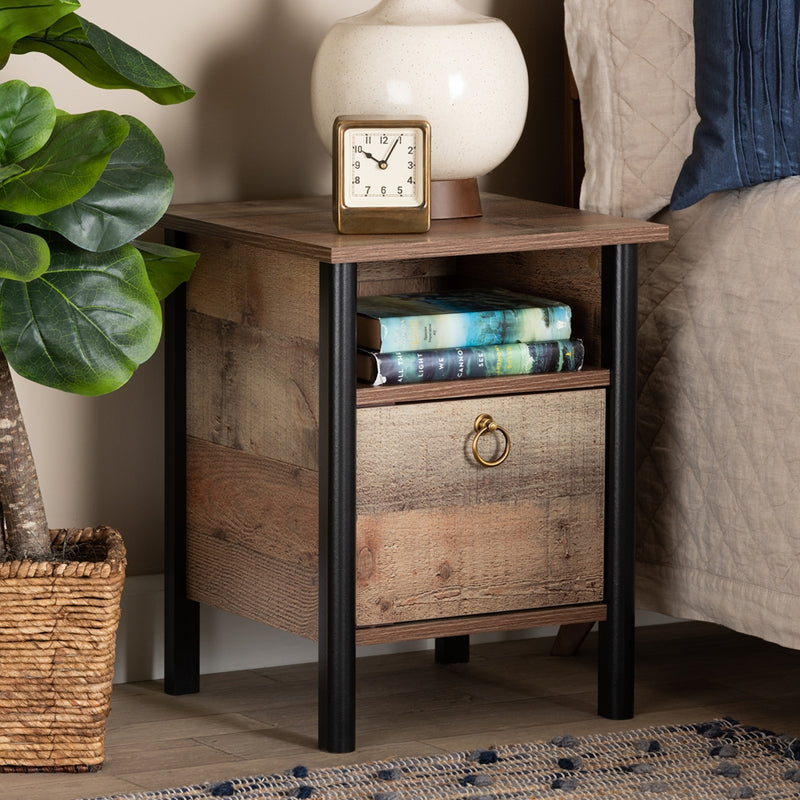 BRYER STUDIO ACE MODERN TWO-TONE RUSTIC OAK BROWN AND BLACK FINISHED WOOD NIGHTSTAND