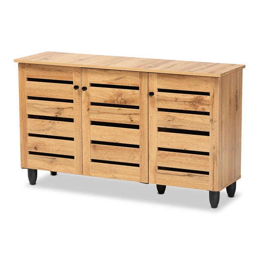 Zapatero Maui moderno y contemporáneo de madera de roble marrón con tres puertas