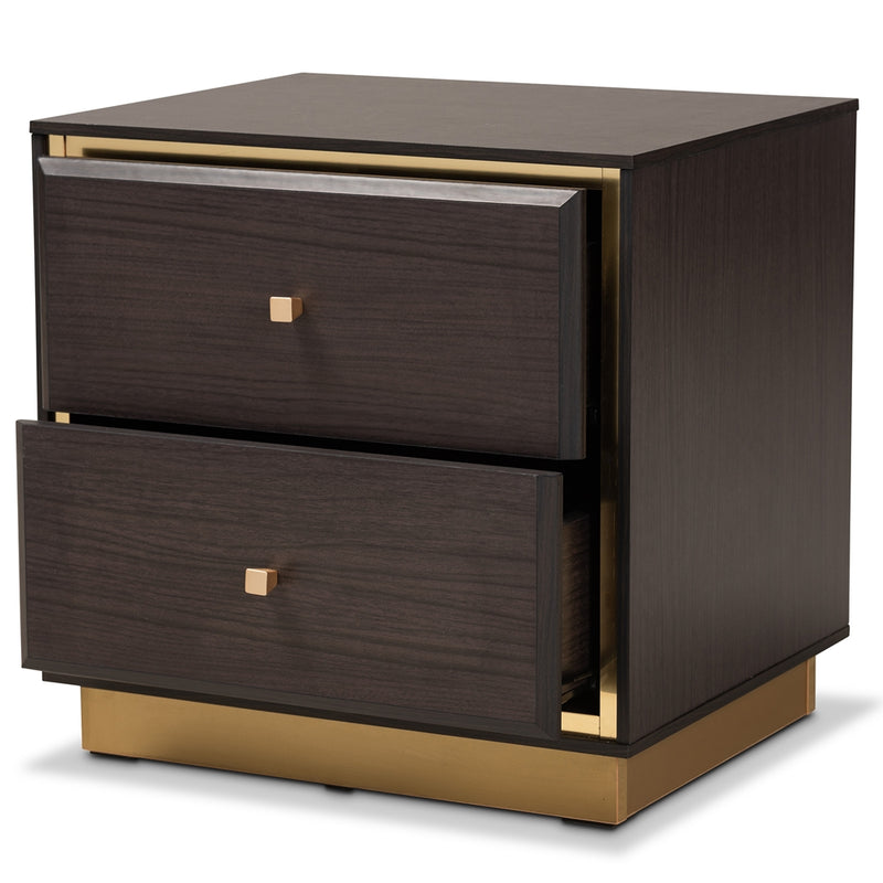 BRYER STUDIO VIOLA MID-CENTURY MODERN TRANSITIONAL DARK BROWN FINISHED WOOD AND  METAL 2-DRAWER NIGHTSTAND / BEDSIDE TABLE