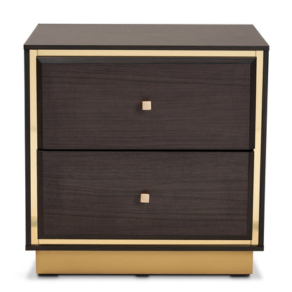 BRYER STUDIO VIOLA MID-CENTURY MODERN TRANSITIONAL DARK BROWN FINISHED WOOD AND  METAL 2-DRAWER NIGHTSTAND / BEDSIDE TABLE