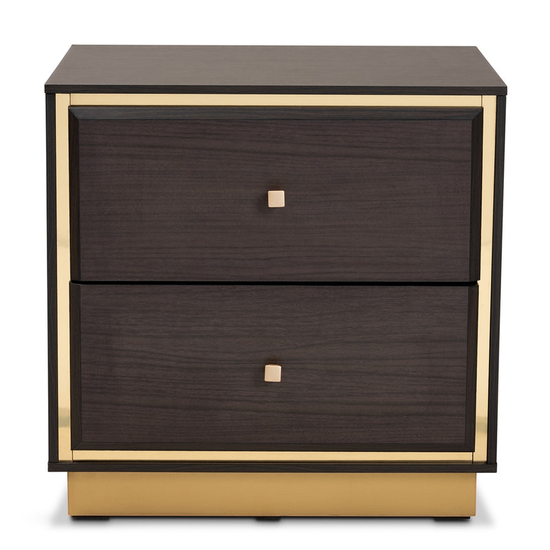 BRYER STUDIO VIOLA MID-CENTURY MODERN TRANSITIONAL DARK BROWN FINISHED WOOD AND  METAL 2-DRAWER NIGHTSTAND / BEDSIDE TABLE