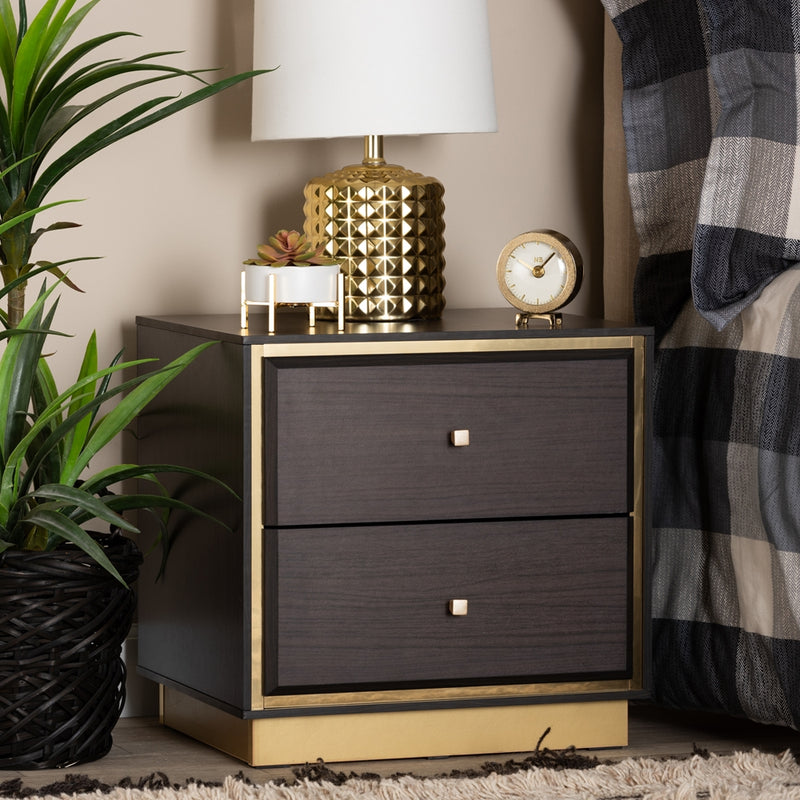 BRYER STUDIO VIOLA MID-CENTURY MODERN TRANSITIONAL DARK BROWN FINISHED WOOD AND  METAL 2-DRAWER NIGHTSTAND / BEDSIDE TABLE