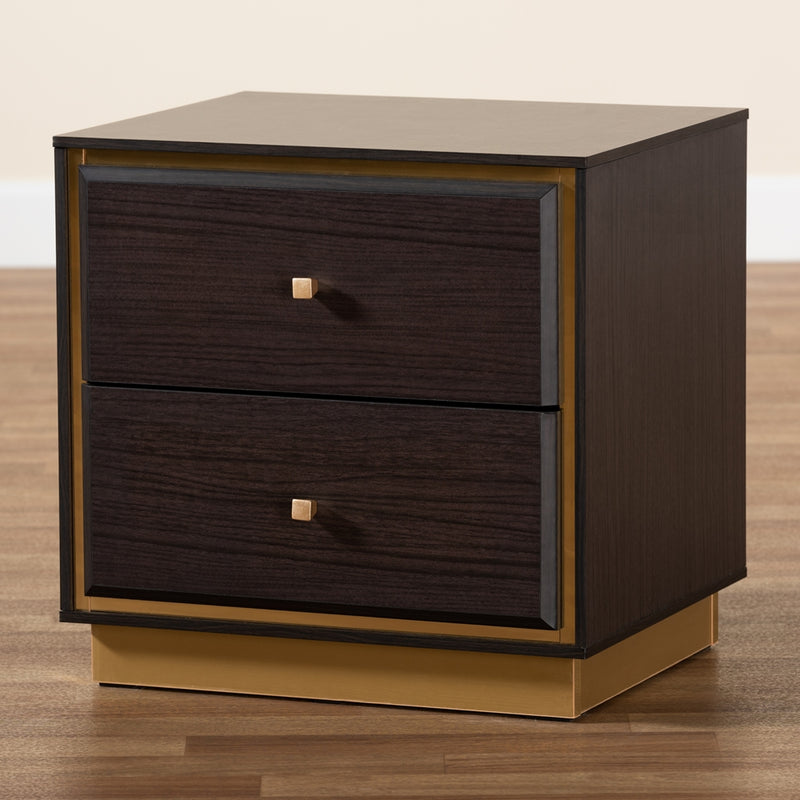 BRYER STUDIO VIOLA MID-CENTURY MODERN TRANSITIONAL DARK BROWN FINISHED WOOD AND  METAL 2-DRAWER NIGHTSTAND / BEDSIDE TABLE