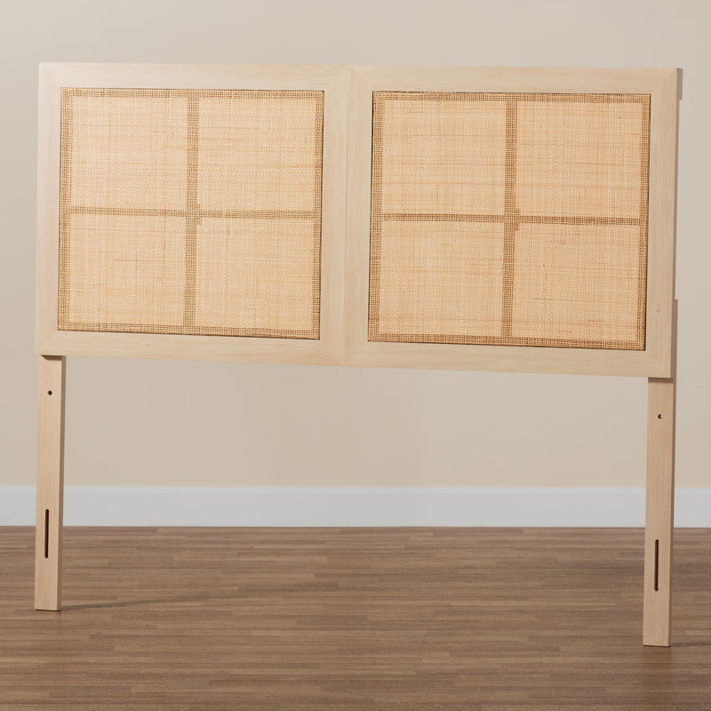 BRYER STUDIO ELIANA MODERN BOHEMIAN LIGHT BROWN FINISHED WOOD AND NATURAL RATTAN  HEADBOARD