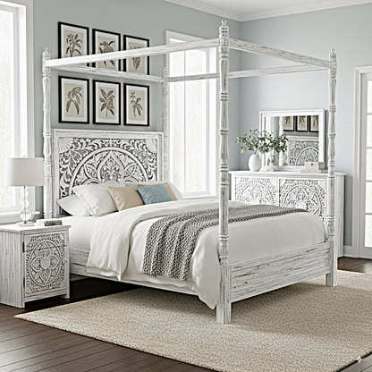 Ilano Weathered Hand-carved Solid Mango Wood Canopy Platform Bed