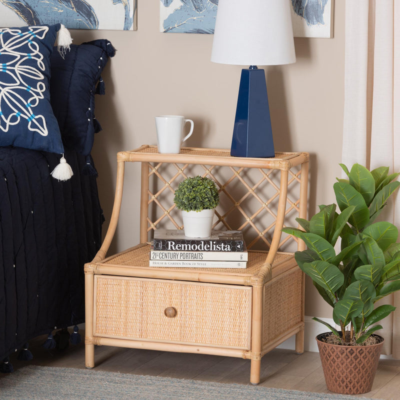 CALVIN & BAY CESAR  BOHEMIAN NATURAL BROWN RATTAN 1-DRAWER NIGHTSTAND/ BEDSIDE TABLE