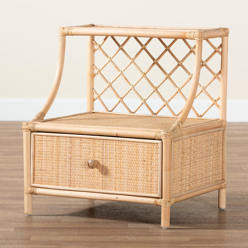 CALVIN & BAY CESAR  BOHEMIAN NATURAL BROWN RATTAN 1-DRAWER NIGHTSTAND/ BEDSIDE TABLE