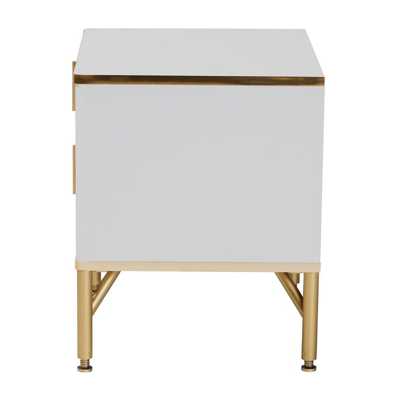 BRYER STUDIO LILIAN MODERN GLAM WHITE WOOD AND  METAL 2-DRAWER NIGHTSTAND/ BEDSIDE TABLE