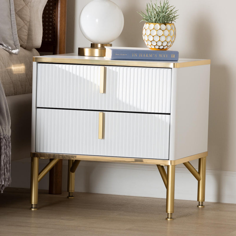 BRYER STUDIO LILIAN MODERN GLAM WHITE WOOD AND  METAL 2-DRAWER NIGHTSTAND/ BEDSIDE TABLE