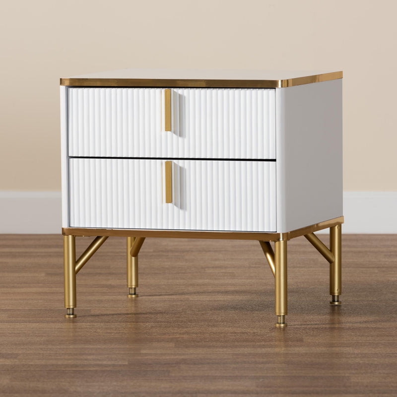 BRYER STUDIO LILIAN MODERN GLAM WHITE WOOD AND  METAL 2-DRAWER NIGHTSTAND/ BEDSIDE TABLE