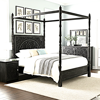 Ilano Weathered Hand-carved Solid Mango Wood Canopy Platform Bed