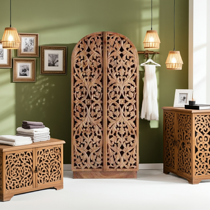 Sitra Arched Natural Floral Hand Carved Wood  Storage Cabinet