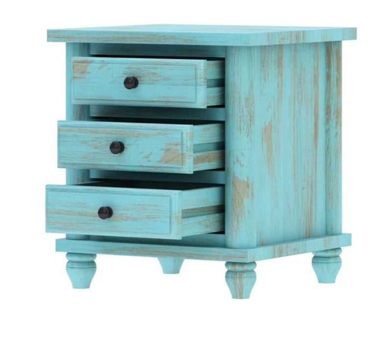 Hand Carved Turquoise Solid Mango Wood 3 Drawer Bedside / Nightstand