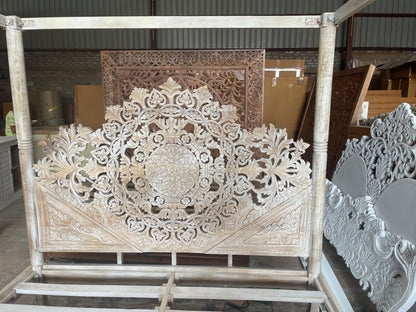 Shahi Mughal Hand Carved Indian Wooden Canopy Platform Bed