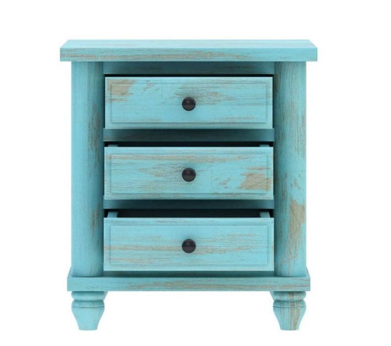 Hand Carved Turquoise Solid Mango Wood 3 Drawer Bedside / Nightstand