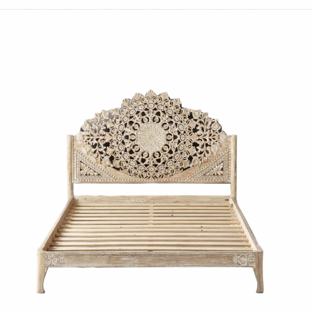 Shahi Mughal Hand-Carved Indian Solid Wood Platform Bed & Bedroom Collection