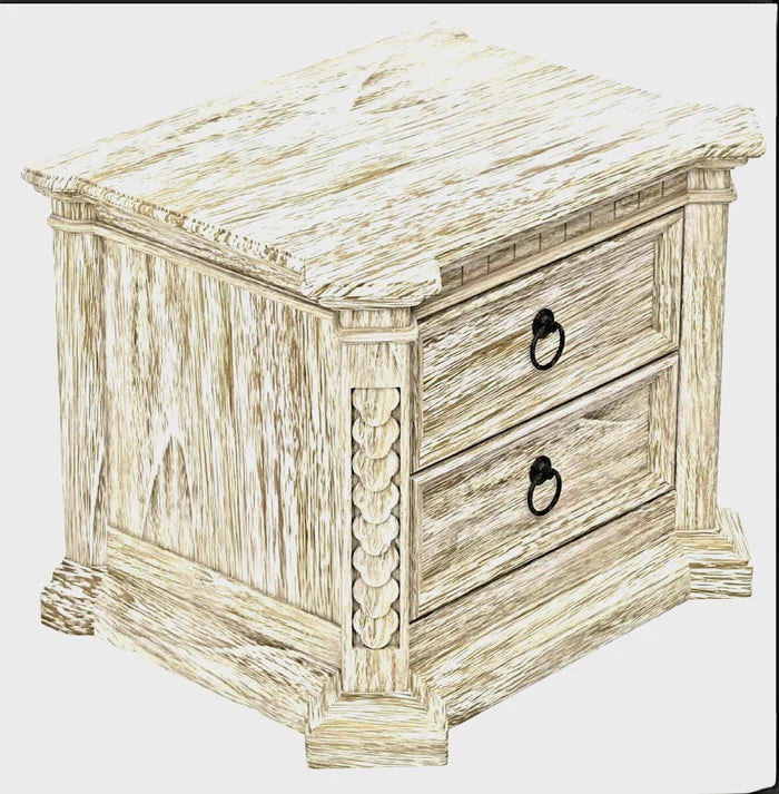 Nimbus Rustic Solid Wood Hand-Carved Nightstand With 2 Drawers