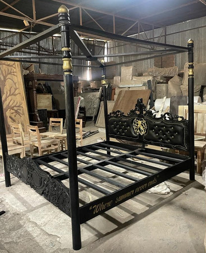 Huni Solid Mango Wood Hand Carved Bed