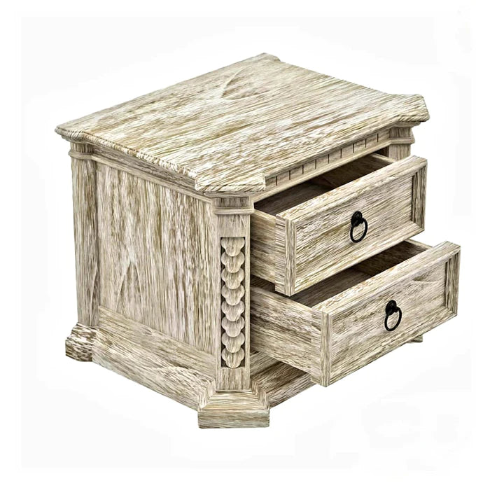 Nimbus Rustic Solid Wood Hand-Carved Nightstand With 2 Drawers