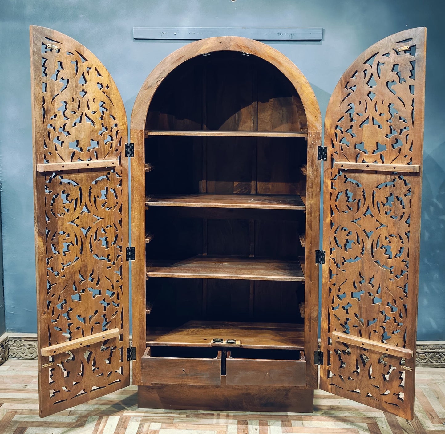 Sitra Arched Floral Hand-Carved Wood Armoire & Storage Cabinet