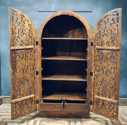 Sitra Arched Floral Hand-Carved Wood Armoire & Storage Cabinet